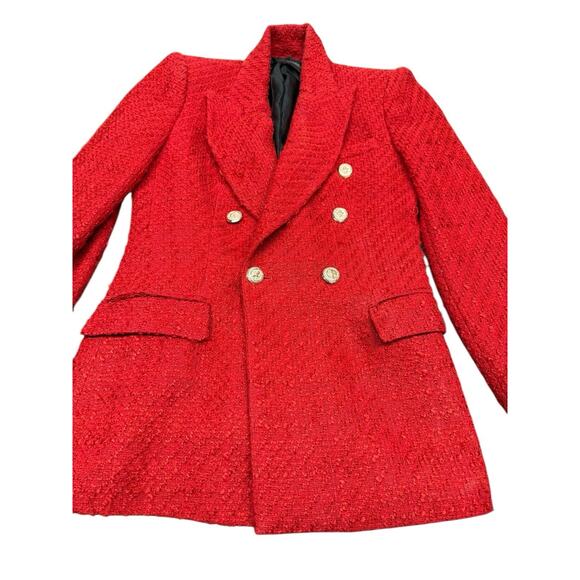 Zara Royal ASO Kate Middleton Textured Tweed Blazer Red Double Breasted sz Small - Picture 9 of 16